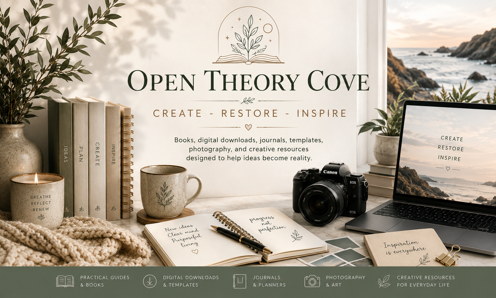 Open Theory Cove — Create, Restore, Inspire. Books, digital downloads, journals, templates, photography, and creative resources.
